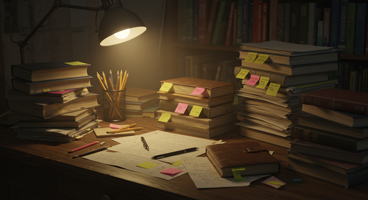 A lamp lit desk in a library, covered in books and hand written notes