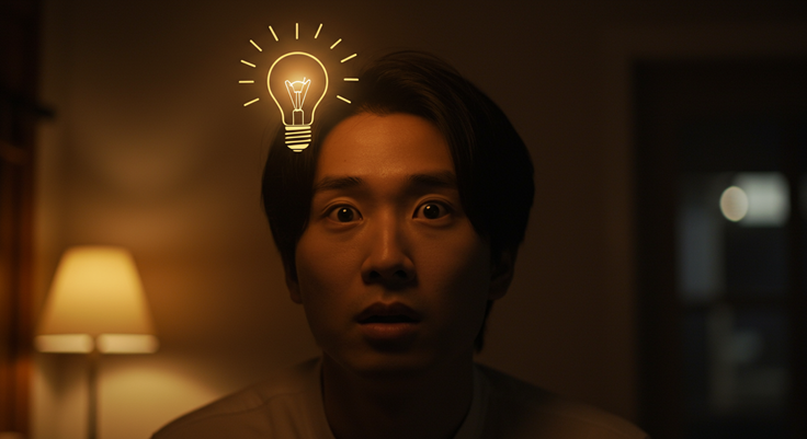 Man in a dark room with a lamp in the background, with a lightbulb over his head