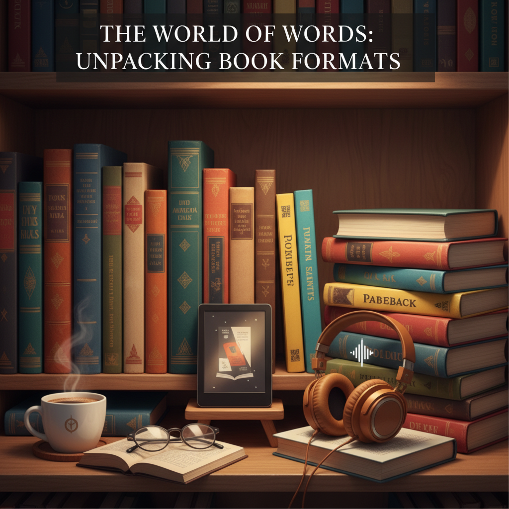Bookshelf filled with books sitting on a desk. On the desk is a coffee mug, a notebook with glasses on it, a book with earphones on it, and an e-reader. 