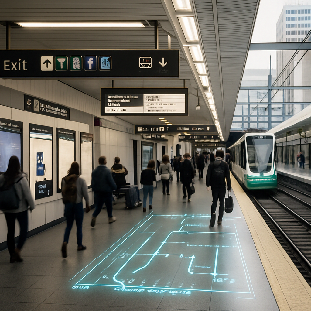 Near‑future Transit: Realistic metro platform with subtle AR-style route overlays and multilingual signage.