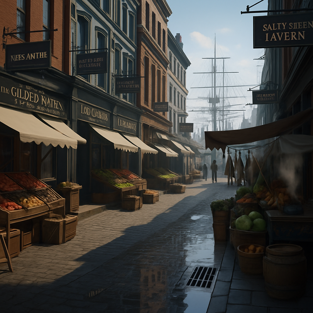 Historical Fiction: 1890s harbor market street with wet cobblestones, vendor stalls, and ship masts in soft light.
