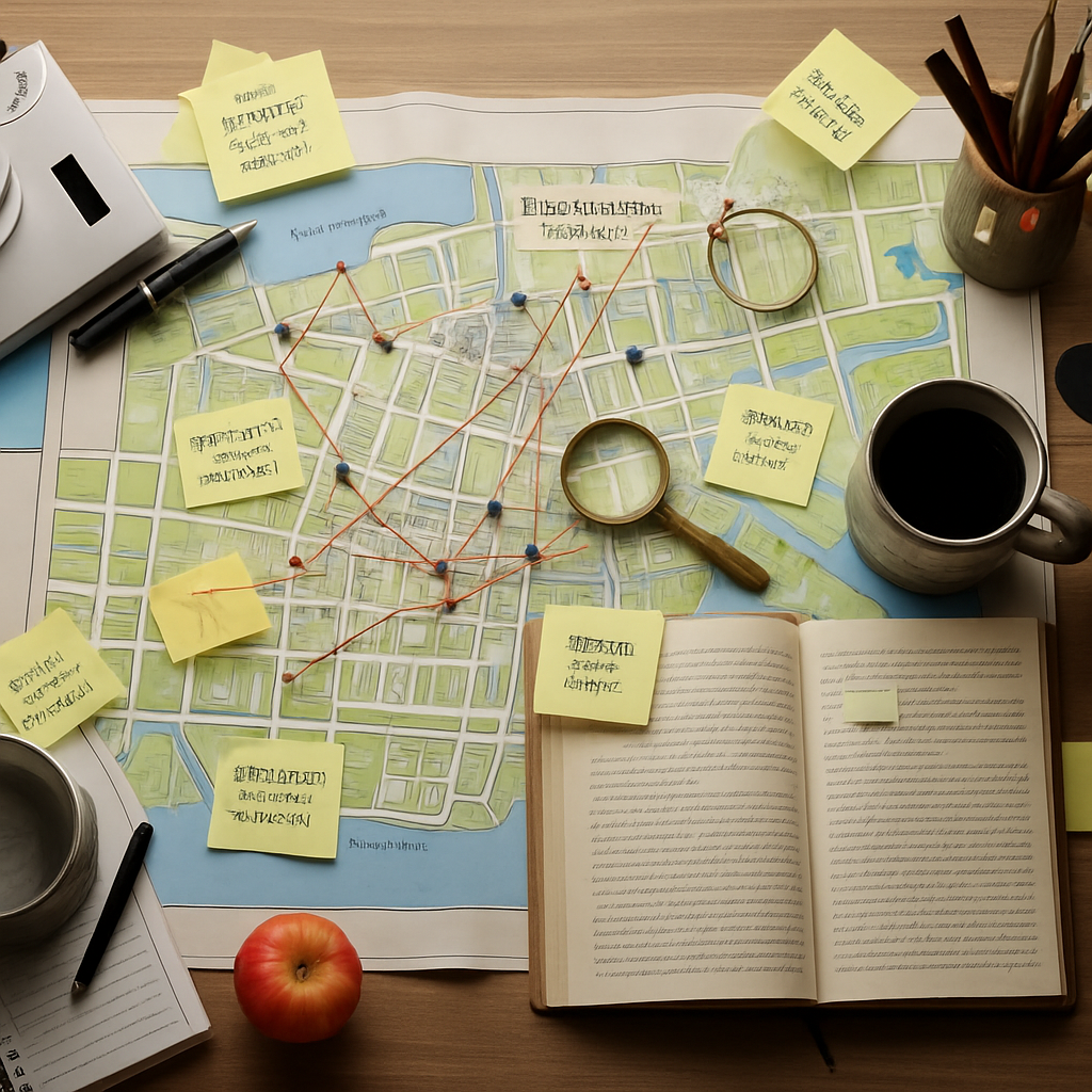 Mystery/Crime: Overhead author desk with neighborhood map, red thread, sticky notes, and notebook notes for crime worldbuilding.