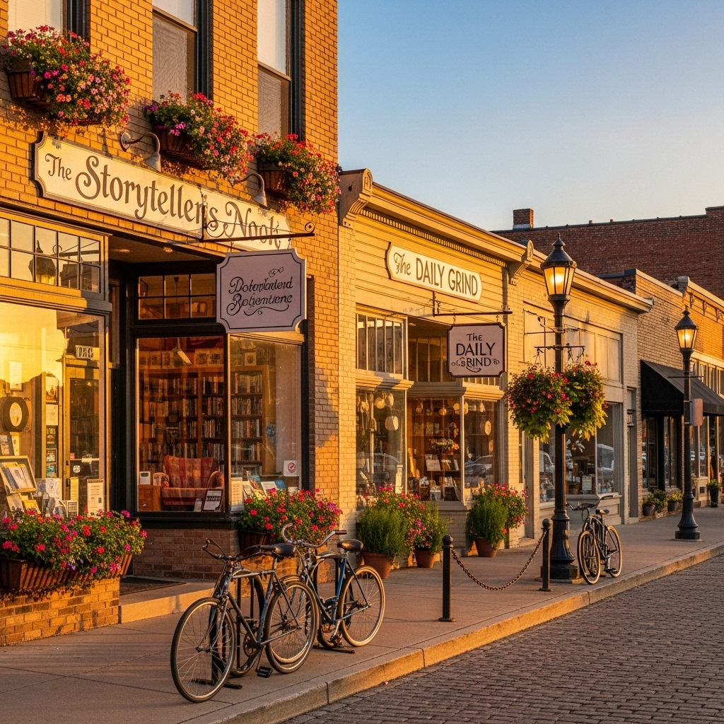 Contemporary Small Town: Golden‑hour main street with indie bookstore and café, flower boxes, and bicycles.