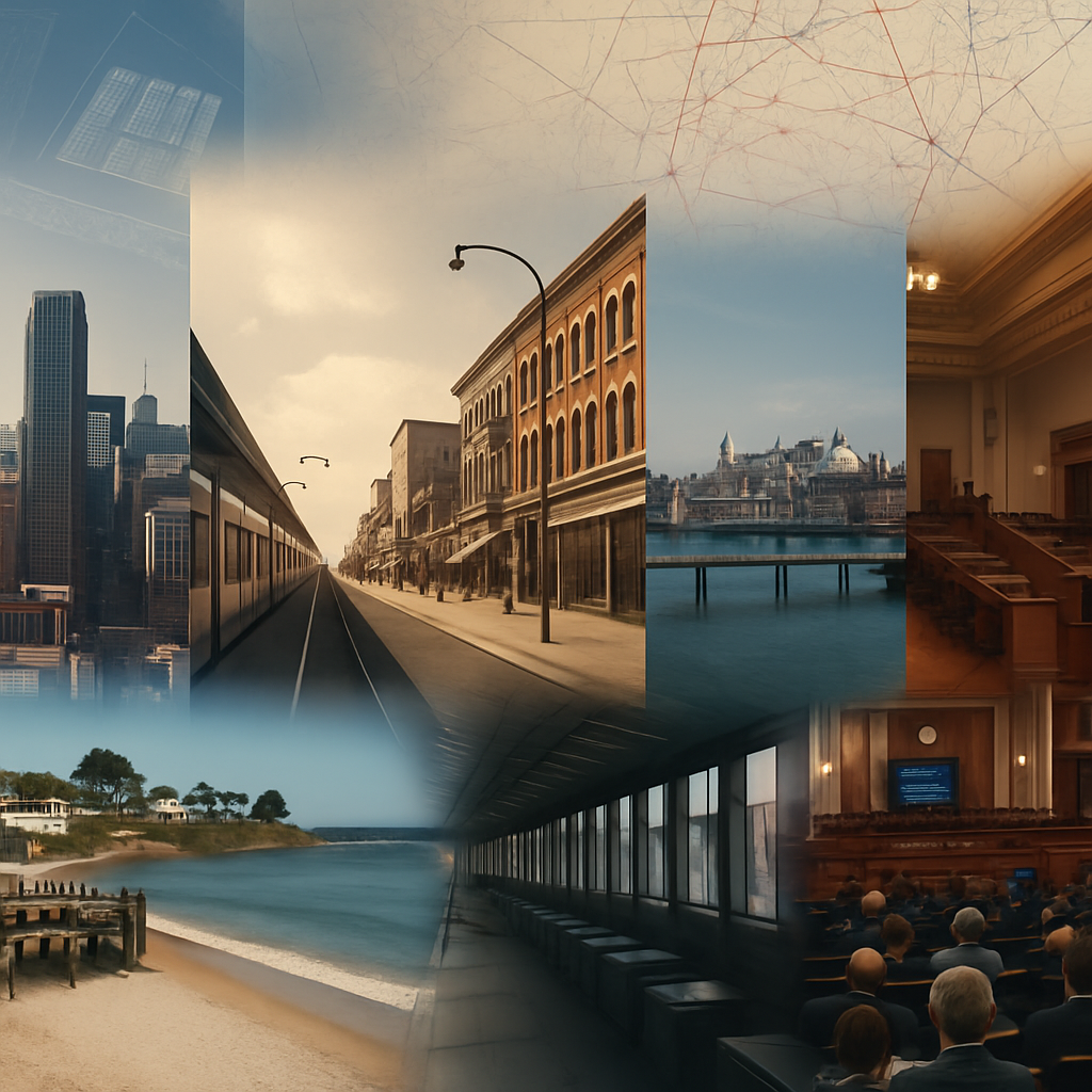 Editorial collage showing urban cityscape, 1920s street, near‑future transit, coastal town, and newsroom with map and blueprint overlays to represent worldbuilding beyond fantasy.