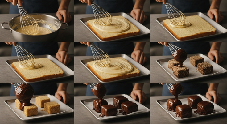 Stages of baking lamingtons: mixing the batter, baked cake, covering the cake in chocolate icing