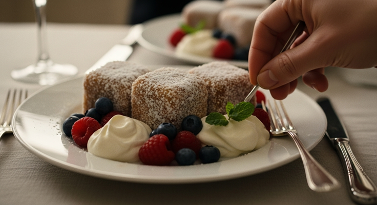 Lamingtons with berries and cream  