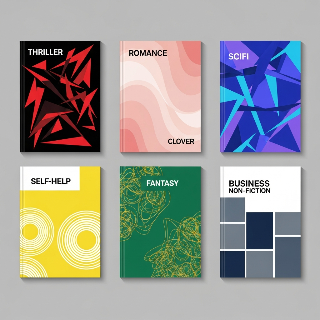 Grid of six abstract book covers showing distinct genre colour moods.