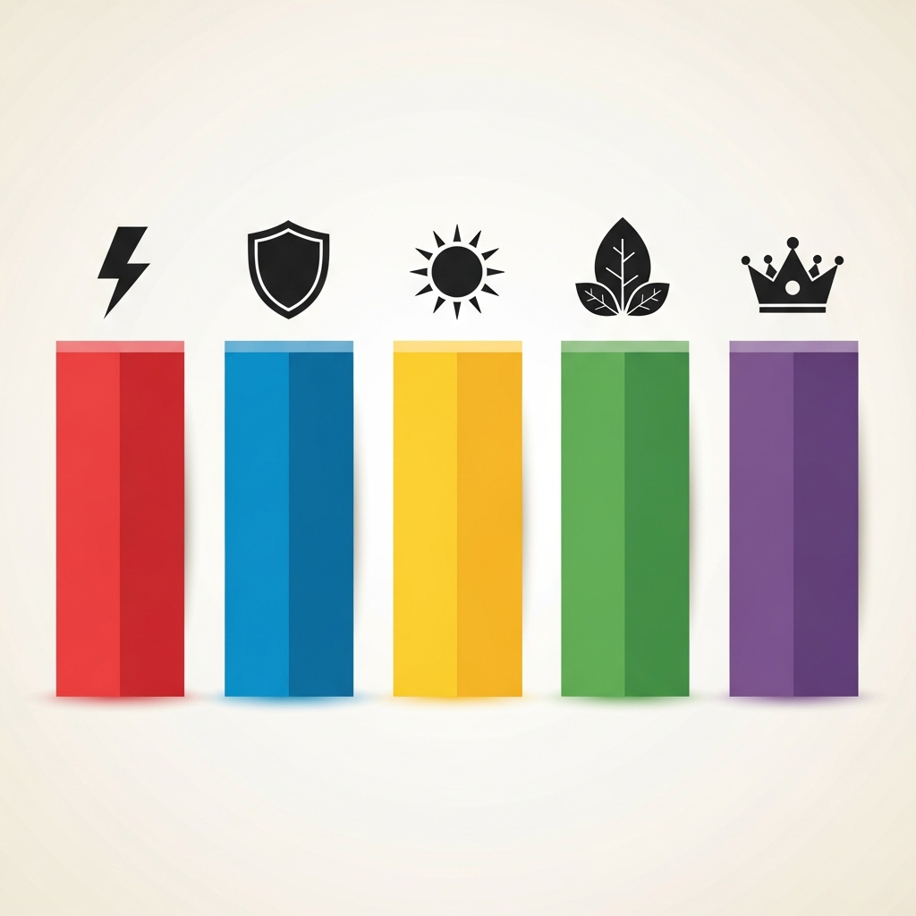 Five coloured panels with simple icons implying energy, trust, optimism, growth, creativity.
