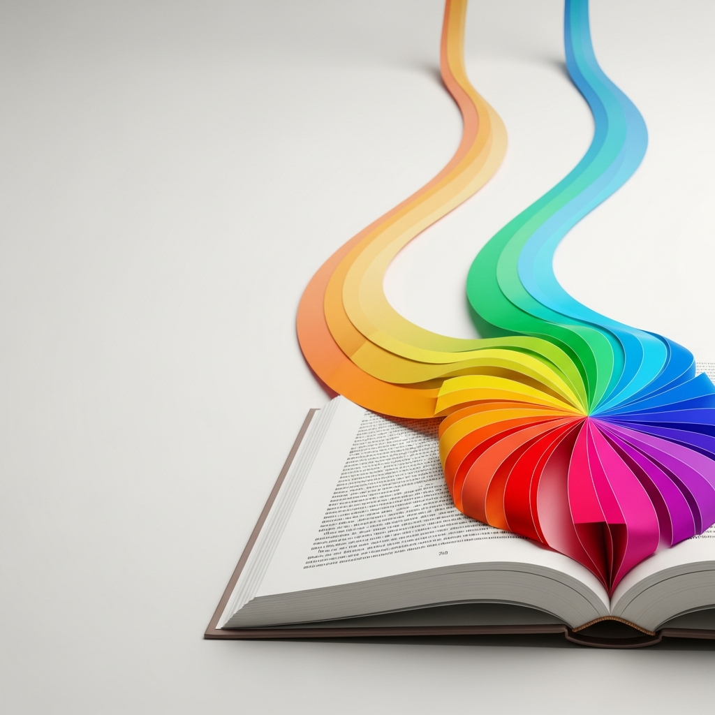 Open book with pages flowing into a colour wheel gradient on an off white background.
