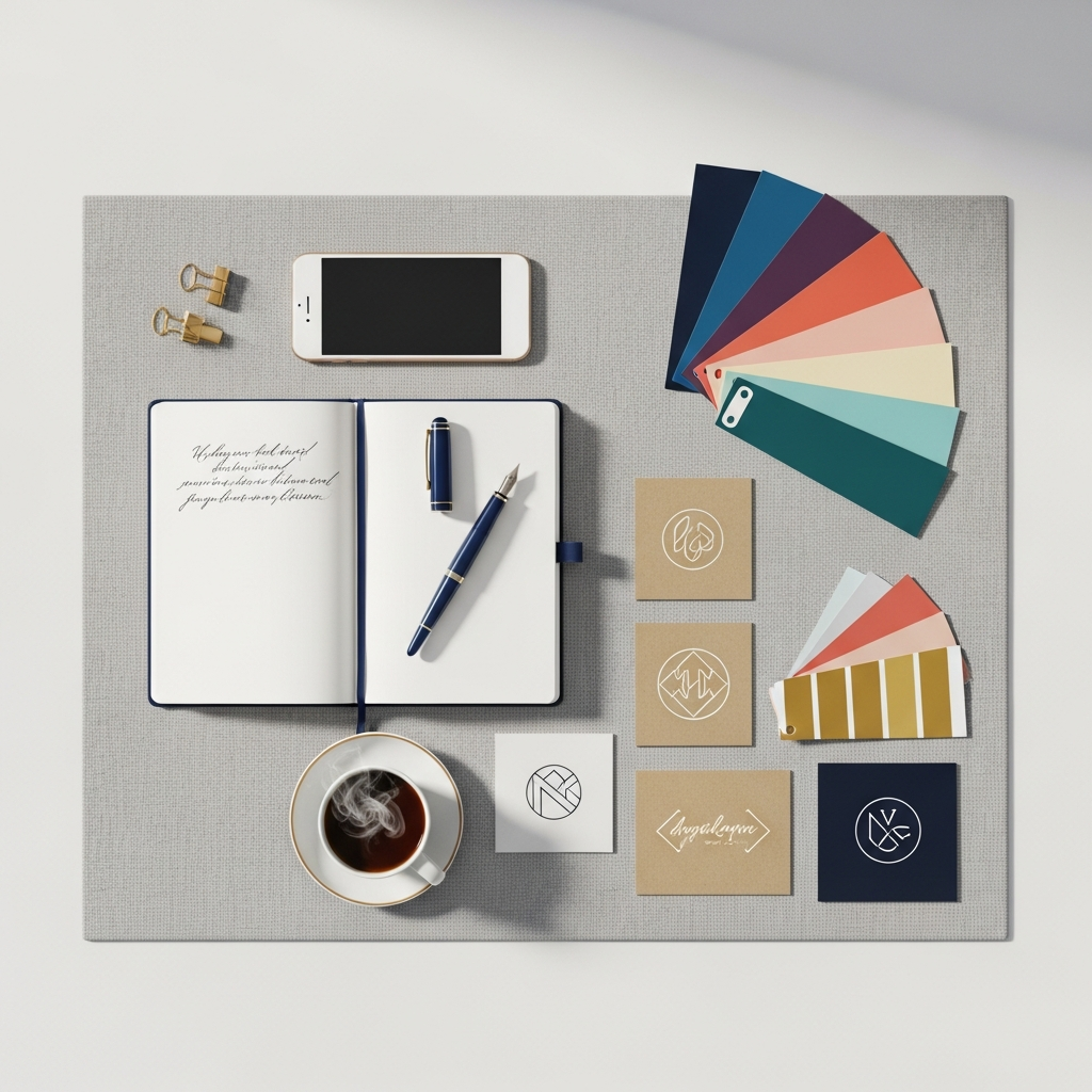 Flat lay of colour swatches, logo sketches, notebook, and pen on linen.