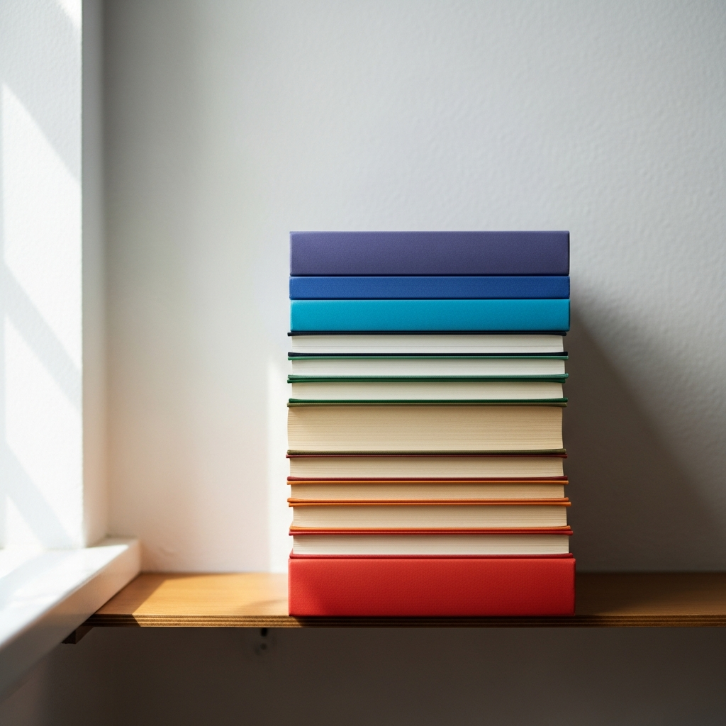 Stack of hardcovers arranged from warm reds to cool blues and greens.