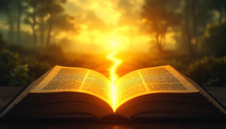 An open book lying flat against the backdrop of a sunlit forest.