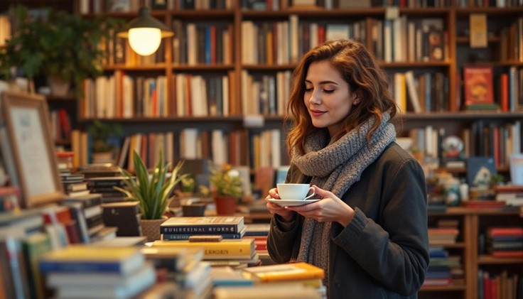A woman holding a cup and saucer, sitting at a desk in a library. The desk has stacks of books on it.