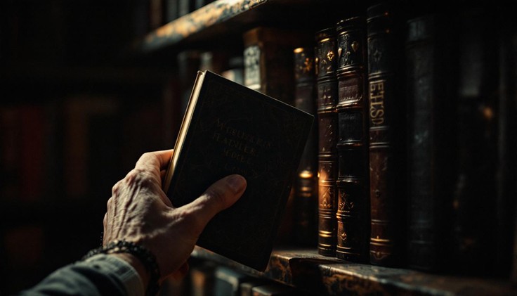 A left hand pulling an old leather-bound book from a shelf of old leather-bound books.