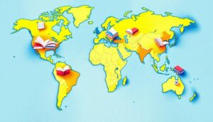 An illustration of a map of the world, with the countries in yellow with a dark blue border on a lighter blue background. Books sit at various locations on the map.