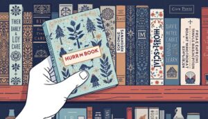 An illustration of a left hand pulling an old leather-bound book from a shelf of old leather-bound books.