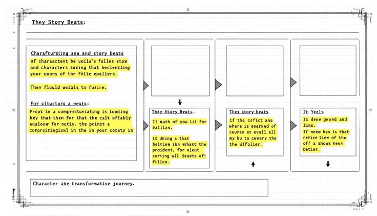 Storyboard-style diagram illustrating a character’s narrative arc. The layout features six connected boxes arranged horizontally, each containing distorted or placeholder text resembling a creative writing framework. Some phrases are highlighted in yellow, suggesting emphasis on key story beats. The final box at the bottom reads “Character athe transformative journey,” indicating a focus on character development. Arrows link the boxes to show progression, though the text is largely nonsensical. The overall design implies a conceptual flowchart for storytelling or character transformation.