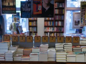 Books on a ‘bestseller table’ in a bookstore