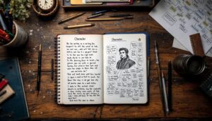 An open notebook on a wooden desk, surrounded by scattered papers and writing tools. On one page, there’s a hand-drawn portrait of a character, with notes and thought bubbles detailing the character’s traits, motivations, and background. The other page contains written reflections and questions about the character’s journey.