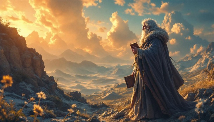 A person dressed in a long, flowing cloak standing among rocky mountains and wildflowers, holding a book. The sky is filled with dramatic, golden clouds, and the landscape stretches out into the distance, bathed in warm light.