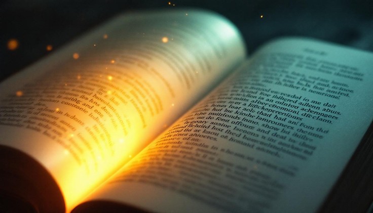 An open book with warm, glowing light illuminating its pages. The book is open to a section of text, and the surrounding atmosphere feels magical and inviting, with tiny golden sparks or particles floating above the pages.