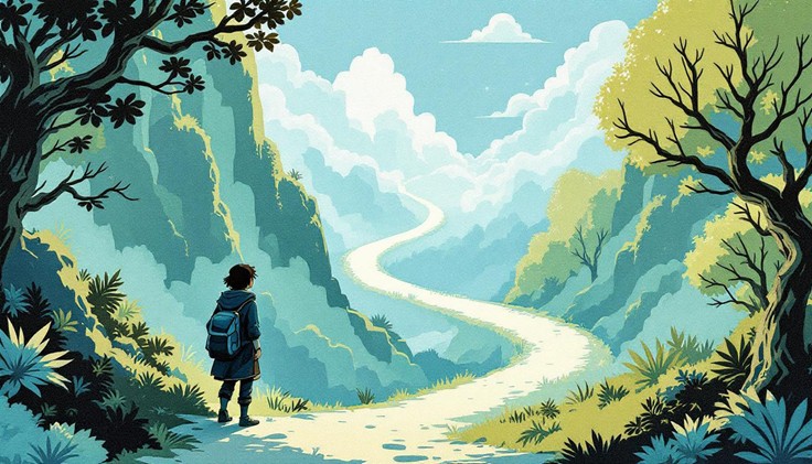 Illustration of a person standing at the beginning of a winding path that stretches into the distance, surrounded by lush, green mountains and trees. The sky is bright with fluffy clouds, giving the scene a sense of adventure and possibility. The person appears to be ready to embark on a journey.