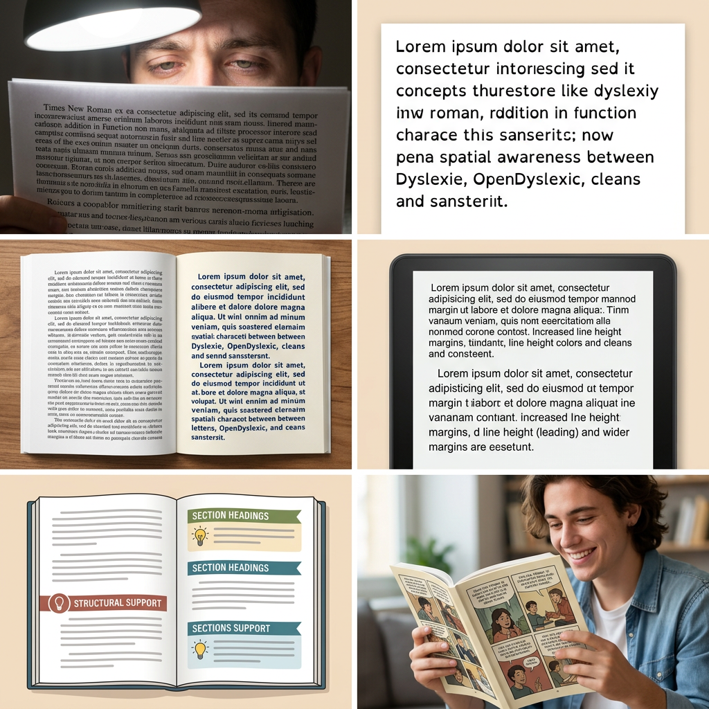 A collage of six visuals illustrating how different text formats affect readability. One image shows a person reading a dense Times New Roman page under a lamp; another displays distorted, dyslexia‑like text on a white background. An open book compares standard formatting on one page with clearer, more spacious formatting on the other. A tablet screen shows text with increased line height and margins. A simple diagram labels parts of a book layout such as structural support and section headings. The final image shows a person smiling while reading a comic book, suggesting ease and enjoyment with accessible text design.