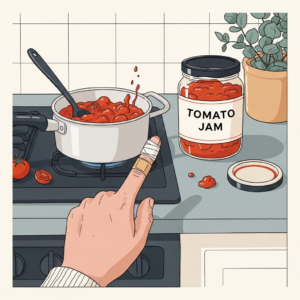Illustration of a cosy kitchen counter with a small pot of simmering tomato jam and a jar labelled “Tomato Jam.” A left hand with a neat beige bandage on the index finger points to the jar.