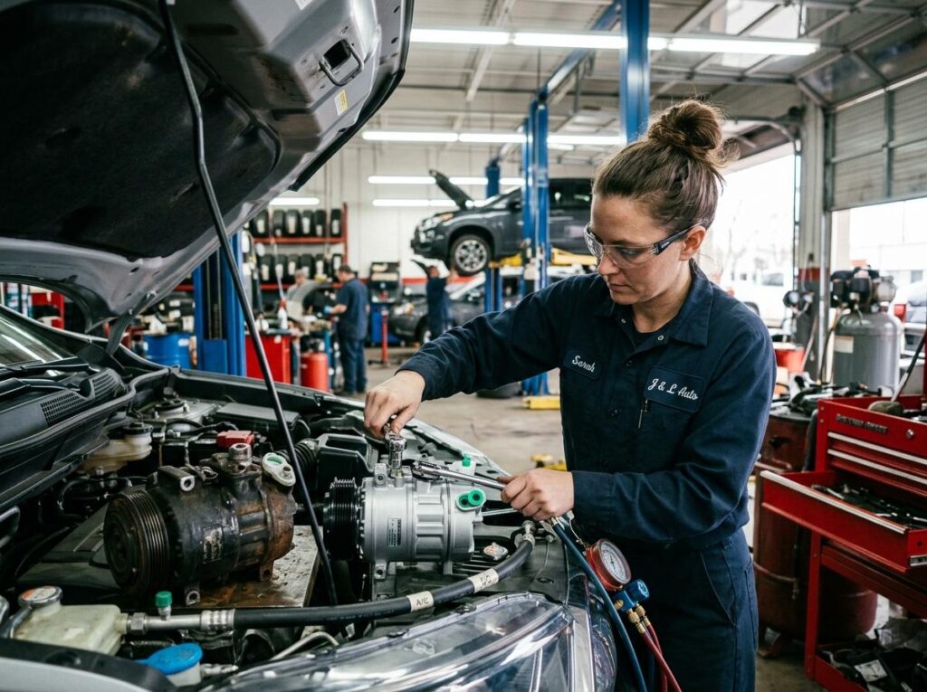 Mechanic in a workshop replacing an air compressor