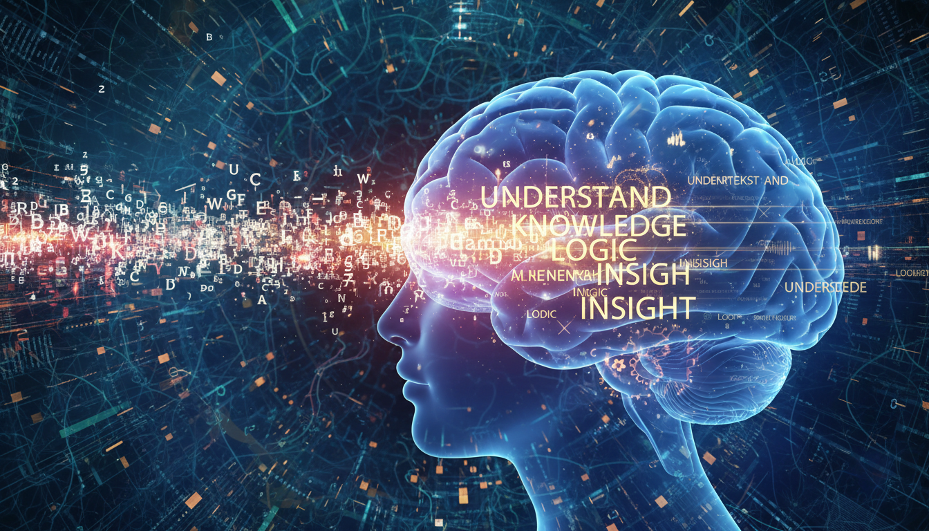 A stylised digital illustration of a human head in profile with a glowing, semi‑transparent brain filled with words such as “UNDERSTAND,” “KNOWLEDGE,” “LOGIC,” and “INSIGHT.” Letters, numbers, and symbols float around the head, suggesting data flow and cognitive processing. The background features a network of interconnected lines and nodes resembling circuitry or a neural network, reinforcing themes of artificial intelligence and information processing.