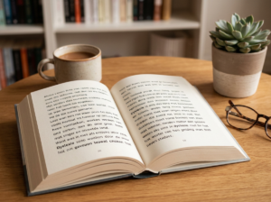 An open book lies on a light surface, its pages filled with short paragraphs of text in a constructed or nonsensical language. Several words appear in bold or underlined for emphasis. A ceramic mug sits slightly out of focus in the background, creating a casual reading atmosphere.