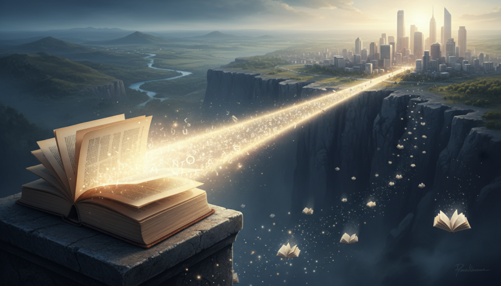 A surreal scene of a giant open book resting on a stone pedestal at the edge of a cliff, releasing a glowing stream of letters and symbols that forms a luminous bridge across a deep chasm toward a sunlit modern city. Dozens of radiant books float along the stream, and the landscape below shows rivers, hills, and distant mountains under a calm sky, evoking the idea of knowledge as a pathway to progress.