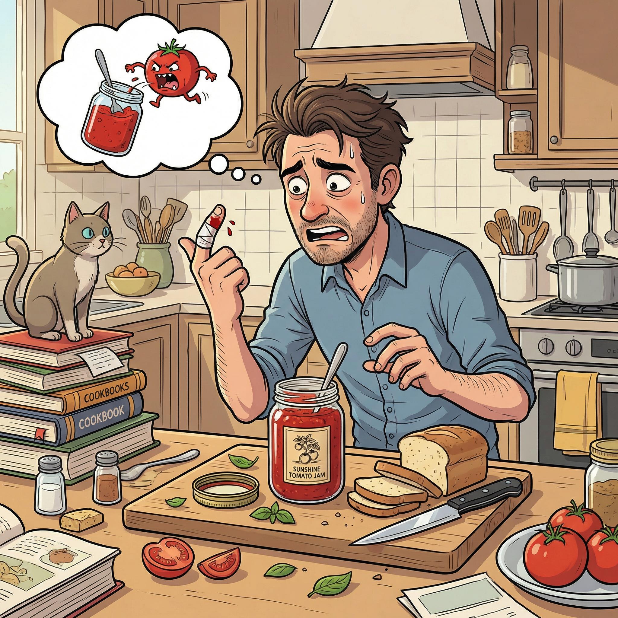 Cartoon image of a writer in a kitchen cooking tomato jam.