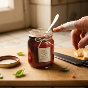 Hand with bandaged index finger pointing at an open jar of tomato jam sitting on a cutting boatrd.