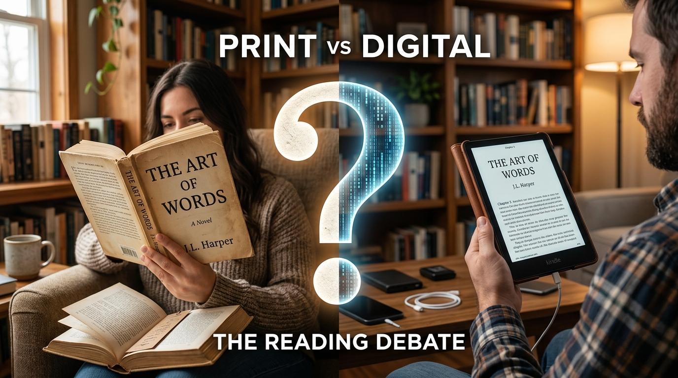 A split-screen image compares reading in print versus digital formats. On the left, a person sits in a warm, book-filled room reading a physical novel titled The Art of Words by L.L. Harper, with open books and a mug on the table. On the right, another person reads the same book on a Kindle in a similar library setting, with a smartphone and charging cables nearby. A glowing question mark sits in the center, with the text “PRINT vs DIGITAL” above and “THE READING DEBATE” below, highlighting the contrast between the two reading experiences.