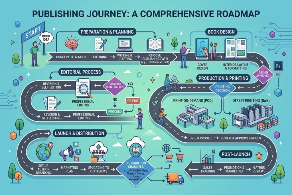 An illustrated infographic titled “Publishing Journey: A Comprehensive Roadmap” shows a winding path that represents the stages of publishing a book. The path includes labeled sections such as preparation and planning, book design, editorial process, production and printing, launch and distribution, and post‑launch. Each stage is paired with icons like books, computers, printers, megaphones, and charts, along with small characters performing tasks such as writing, editing, designing, and marketing. The layout visually guides the viewer through the full publishing process from idea to post‑launch activities.