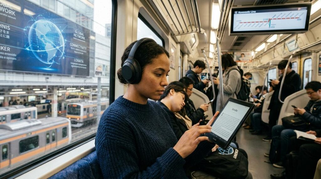 Passengers on a train, most of them looking at smartphones. One person wearing large over‑ear headphones sits by the window reading an e‑reader displaying text that begins with “Etude.” Outside the window, a station platform and a large digital advertisement featuring a glowing globe graphic and words like “GLOBAL NETWORK” and “CONNECTIVITY” are visible. An electronic route map labeled “Kenneotic Line” hangs above the seats, capturing a modern, tech‑focused commuting scene.