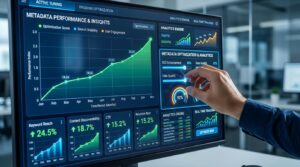 A computer monitor displays a complex analytics dashboard with charts, graphs, and performance metrics, while a hand points toward one of the data visualizations, suggesting interaction with real‑time metadata and SEO performance insights.