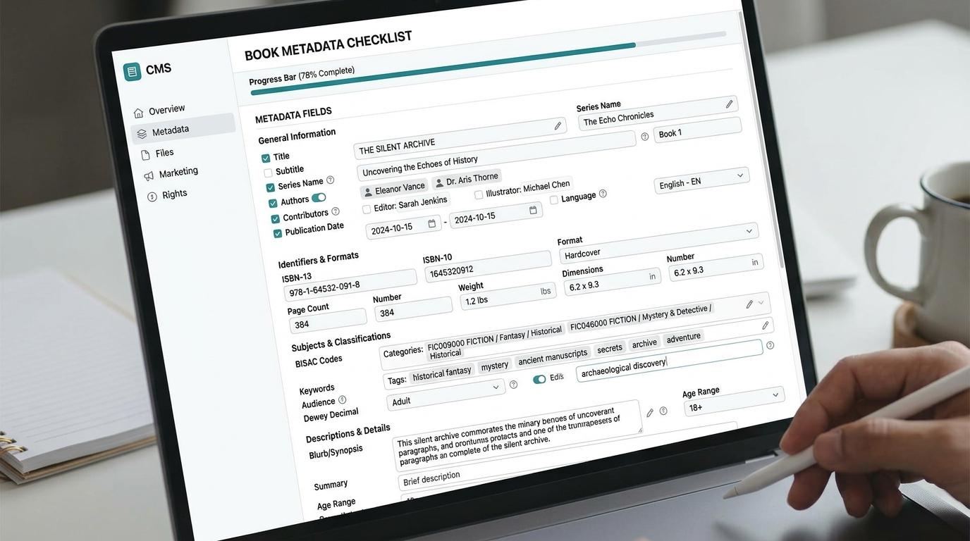 A laptop screen shows a “Book Metadata Checklist” interface with fields for title, authors, identifiers, classifications, and descriptions, alongside a progress bar at 78%, while a person holding a stylus interacts with the screen and a notebook and coffee cup sit nearby.