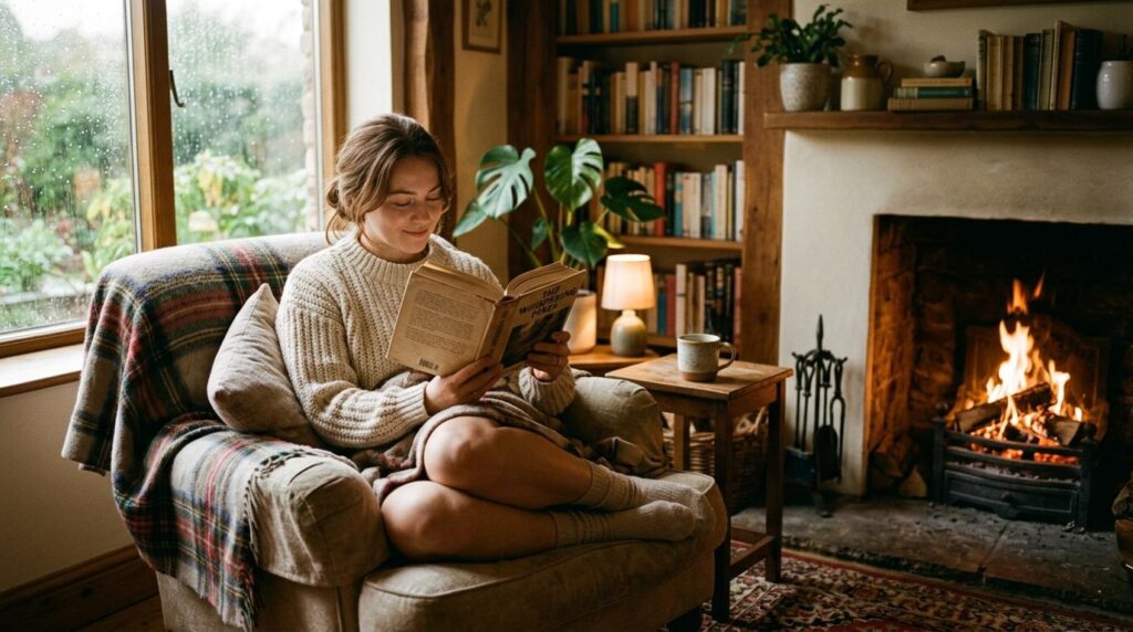 A person sits curled up in an armchair by a window on a rainy day, reading a book titled The Whistling Pine. They wear a thick knitted sweater and socks, with a plaid blanket draped over the chair. A lit fireplace glows warmly to the right, and a wooden side table holds a mug and a small lamp. Bookshelves filled with books and potted plants line the wall behind, creating a cozy, rustic reading nook.