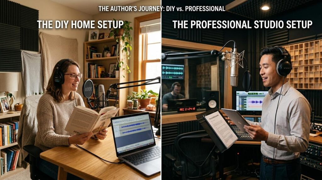 Split-screen comparison showing two audiobook recording setups. On the left, a woman sits at a wooden desk in a cozy home office labeled “The DIY Home Setup.” She wears headphones and speaks into a microphone while reading from a book, with a laptop displaying audio waveforms in front of her. The room has bookshelves, plants, and acoustic foam panels. On the right, labeled “The Professional Studio Setup,” a man stands in a soundproof studio wearing headphones and speaking into a large microphone with a pop filter. He reads from a script on a stand, with a sound engineer visible through a window and professional audio equipment surrounding him. Text at the top reads 'The Author’s Journey: DIY vs. Professional'.