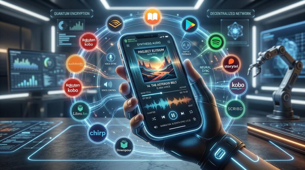A futuristic digital illustration showing a robotic hand holding a smartphone in a high-tech lab. The phone screen displays an audiobook app titled Synthesis Audio, playing Project Elysium by Elara Vance, Chapter 14: The Asteroid Belt. Surrounding the phone are glowing holographic icons for audiobook and streaming platforms such as Rakuten Kobo, Audiobooks.com, Libro.fm, Chirp, Downpour, Storytel, Scribd, Spotify, and Google Play Books. Additional holographic labels read ‘Quantum Encryption,’ ‘Voice Sync,’ ‘Neural Sync,’ and ‘Decentralised Network.” The background features sleek computer screens with data graphs and a robotic arm, symbolising advanced AI integration and futuristic audiobook technology.