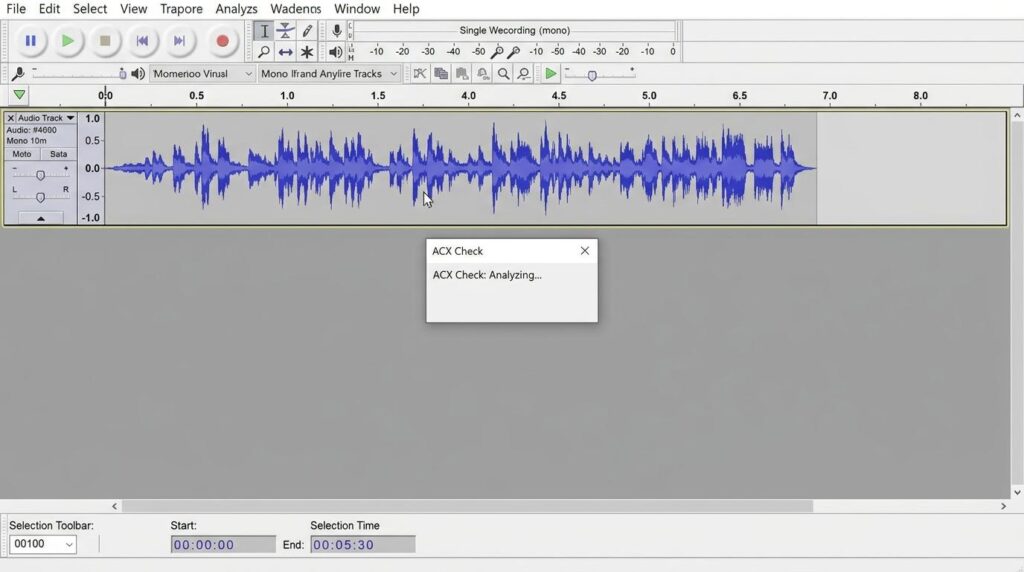 Screenshot of the Audacity audio editing software showing a single mono audio track with a blue waveform. The track spans about 8.5 seconds, and a small pop-up window labelled ‘ACX Check’ displays the message ‘ACX Check: Analyzing…’ indicating that the program is evaluating the recording for audiobook production standards. The interface includes playback controls at the top, amplitude and time scales, and a selection toolbar at the bottom showing a 5-minute, 30-second selection range.