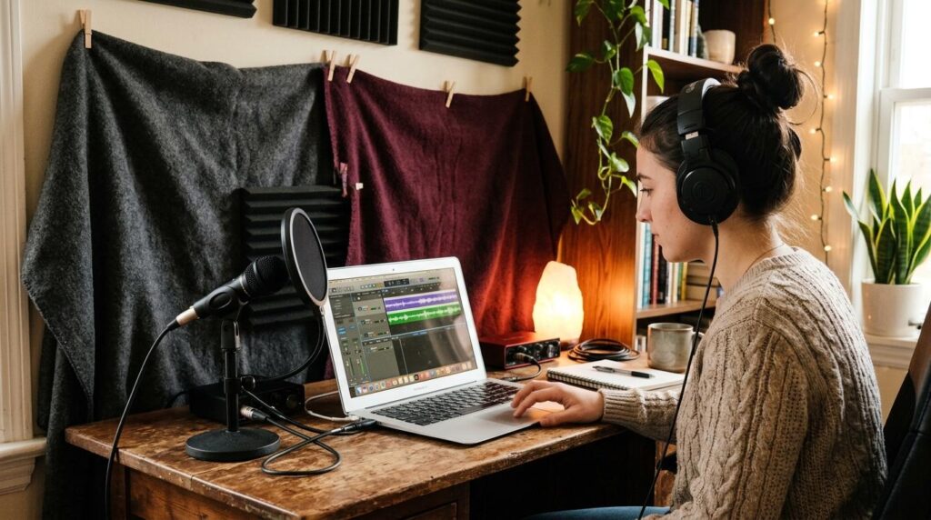 A woman sits at a wooden desk in a cozy home recording setup, wearing large headphones and working on a laptop that displays audio editing software with colorful waveforms. A microphone with a pop filter is positioned nearby, connected to an audio interface. The walls are covered with blankets and foam panels for soundproofing, and a warm Himalayan salt lamp glows beside her. Bookshelves, plants, and string lights add a comfortable, creative atmosphere to the space.