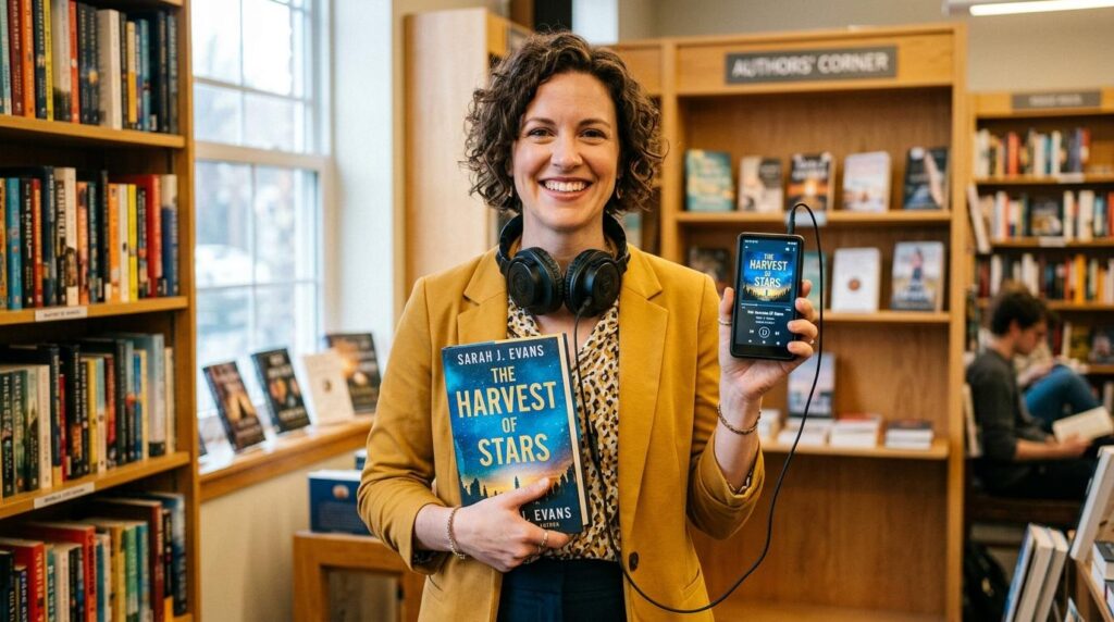 A smiling woman stands in a bookstore, holding a hardcover book titled The Harvest of Stars by Sarah J. Evans in one hand and a smartphone displaying the audiobook version of the same title in the other. She wears a mustard-yellow blazer and has a pair of black headphones around her neck. Behind her, shelves filled with books are labeled “Authors’ Corner,” and another person is seated reading. The scene is warmly lit, emphasizing the connection between print and digital storytelling formats.