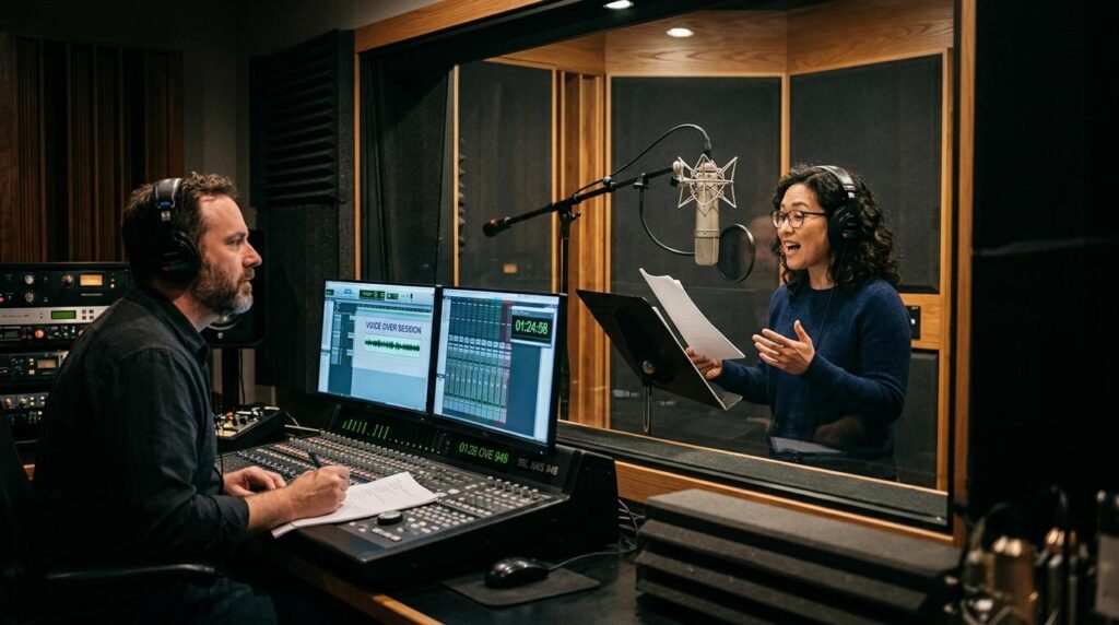 A professional recording studio scene showing a voice-over session. A woman wearing headphones stands in a soundproof booth, speaking into a large condenser microphone with a pop filter while holding a printed script. She appears animated and expressive as she performs. On the other side of the glass, a sound engineer sits at a mixing console with multiple screens displaying audio waveforms and the words 'VOICE OVER SESSION'. He wears headphones and monitors the recording, taking notes on a sheet of paper. The studio is equipped with acoustic panels, warm lighting, and high-end audio equipment.