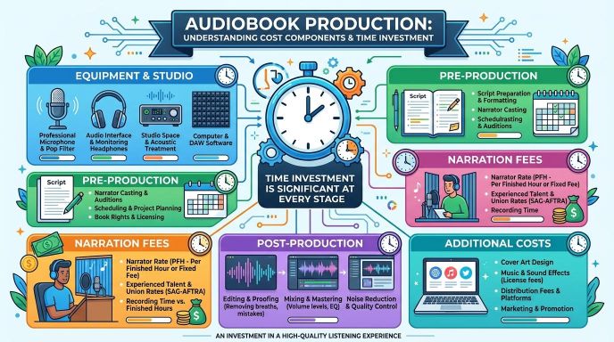 Colourful infographic titled ‘Audiobook Production: Understanding Cost Components & Time Investment’. It features a large central clock surrounded by five sections illustrating the audiobook creation process.
Equipment & Studio (blue): Icons of a microphone, headphones, audio interface, acoustic panels, and computer software.
Pre-Production (green): Depicts a script and calendar with notes on casting, formatting, and scheduling.
Narration Fees (magenta): Shows a narrator recording in a booth with text about rates, union standards, and recording time.
Post-Production (purple): Displays waveform graphics for editing, mixing, mastering, and noise reduction.
Additional Costs (teal): Illustrates a laptop and icons for cover art, music licensing, distribution, and marketing.
At the bottom, the tagline reads: ‘An investment in a high-quality listening experience’.