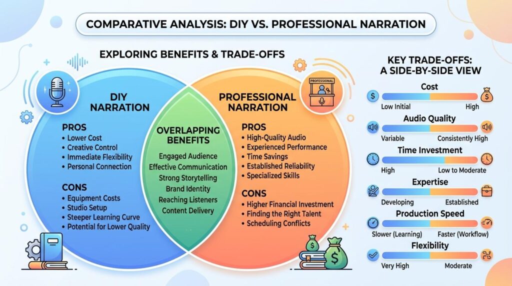 Infographic titled “Comparative Analysis: DIY vs. Professional Narration.” It features a colorful Venn diagram comparing the pros, cons, and shared benefits of do-it-yourself narration versus professional narration.

Left circle (blue): DIY Narration — pros include lower cost, creative control, flexibility, and personal connection; cons include equipment costs, setup challenges, learning curve, and potential lower quality.

Right circle (orange): Professional Narration — pros include high-quality audio, experienced performance, time savings, reliability, and specialized skills; cons include higher financial investment, talent search, and scheduling conflicts.

Center overlap (green): Shared benefits such as engaged audience, effective communication, storytelling, brand identity, and content delivery.

Right sidebar: A side-by-side trade-off chart comparing cost, audio quality, time investment, expertise, production speed, and flexibility, with blue representing DIY and orange representing professional.

The design uses icons of microphones, clocks, and money bags to visually reinforce the comparison, with a clean, modern layout and balanced color scheme.