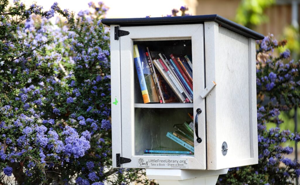 A small outdoor Little Free Library stands among blooming purple flowers. The white wooden box with a black roof has a glass door showing shelves filled with assorted books. A label on the front reads “LittleFreeLibrary.org  Take a Book,  Share a Book.” The scene captures a charming community book exchange surrounded by nature, symbolizing sharing and literacy.