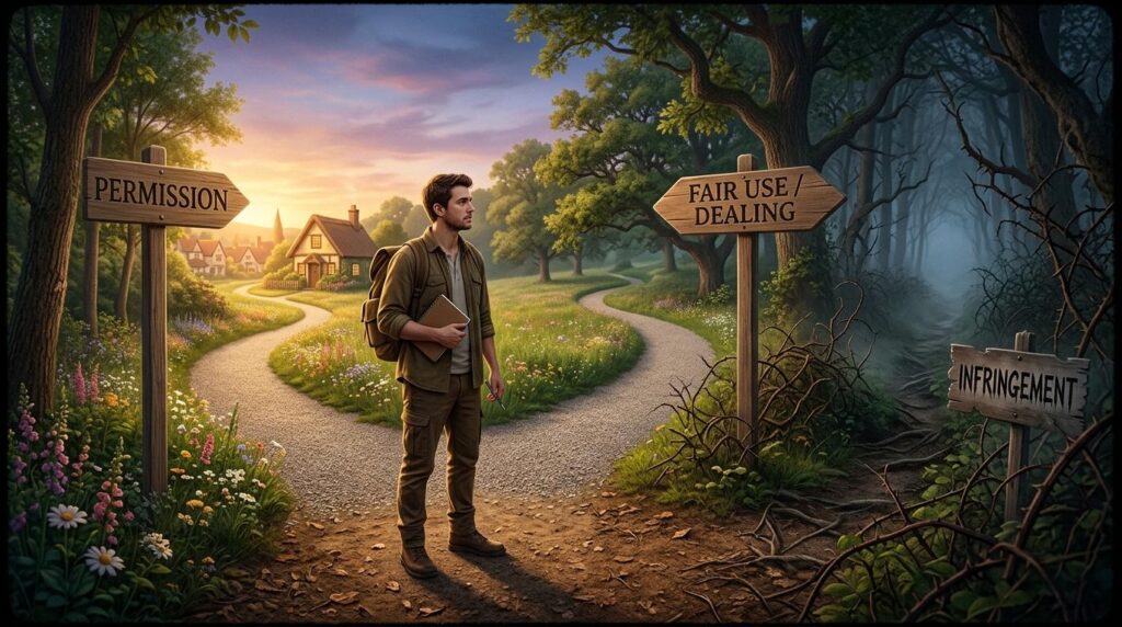 A symbolic, storybook-style illustration shows a man standing at a three-way fork in a forest path, holding a notebook and wearing a backpack. Three wooden signposts mark the diverging routes: “Permission” to the left, leading toward a bright, welcoming village bathed in golden sunlight; “Fair Use / Dealing” straight ahead, winding through a lush, green forest with dappled light; and “Infringement” to the right, disappearing into a dark, tangled forest filled with mist and bare branches. The scene visually represents the choices creators face when using copyrighted material: between lawful permission, fair use, and infringement.